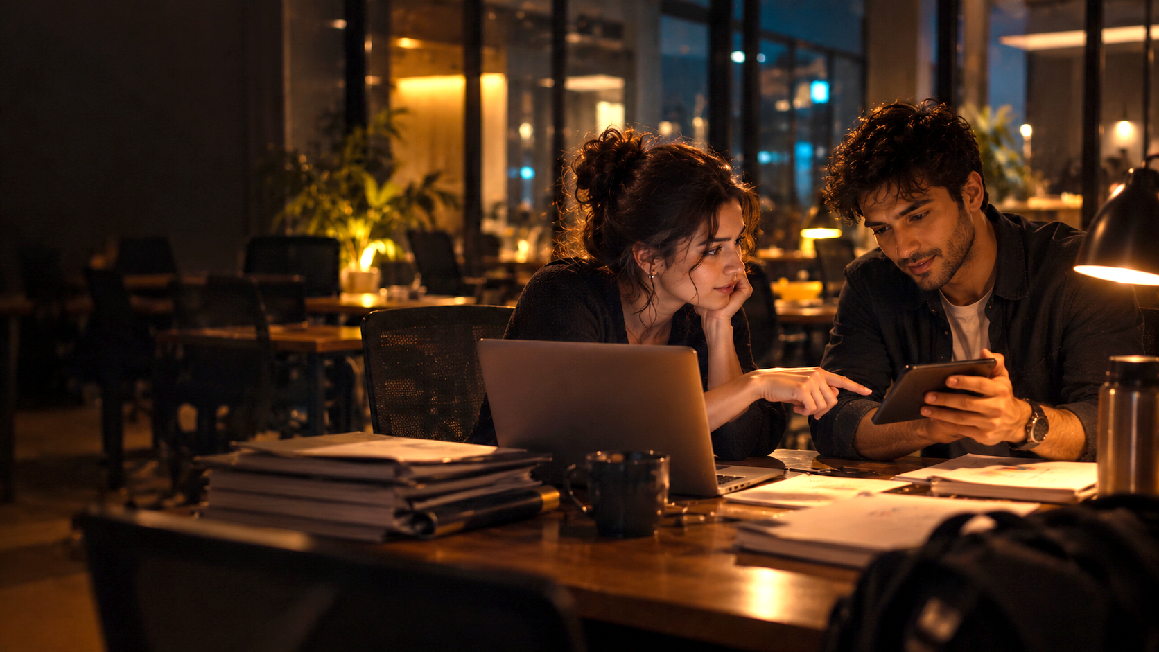 A first meeting — two people reviewing a pitch at a co-working table